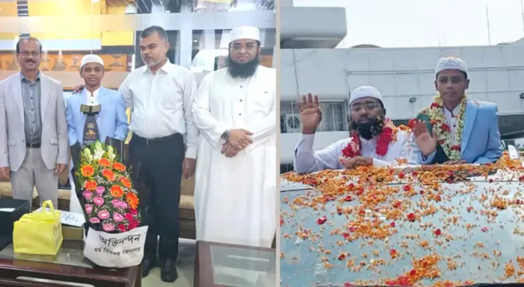 বিমানবন্দরে বিশ্বজয়ী হাফেজ ইহতেশামুল হক হিরাকে সংবর্ধনা